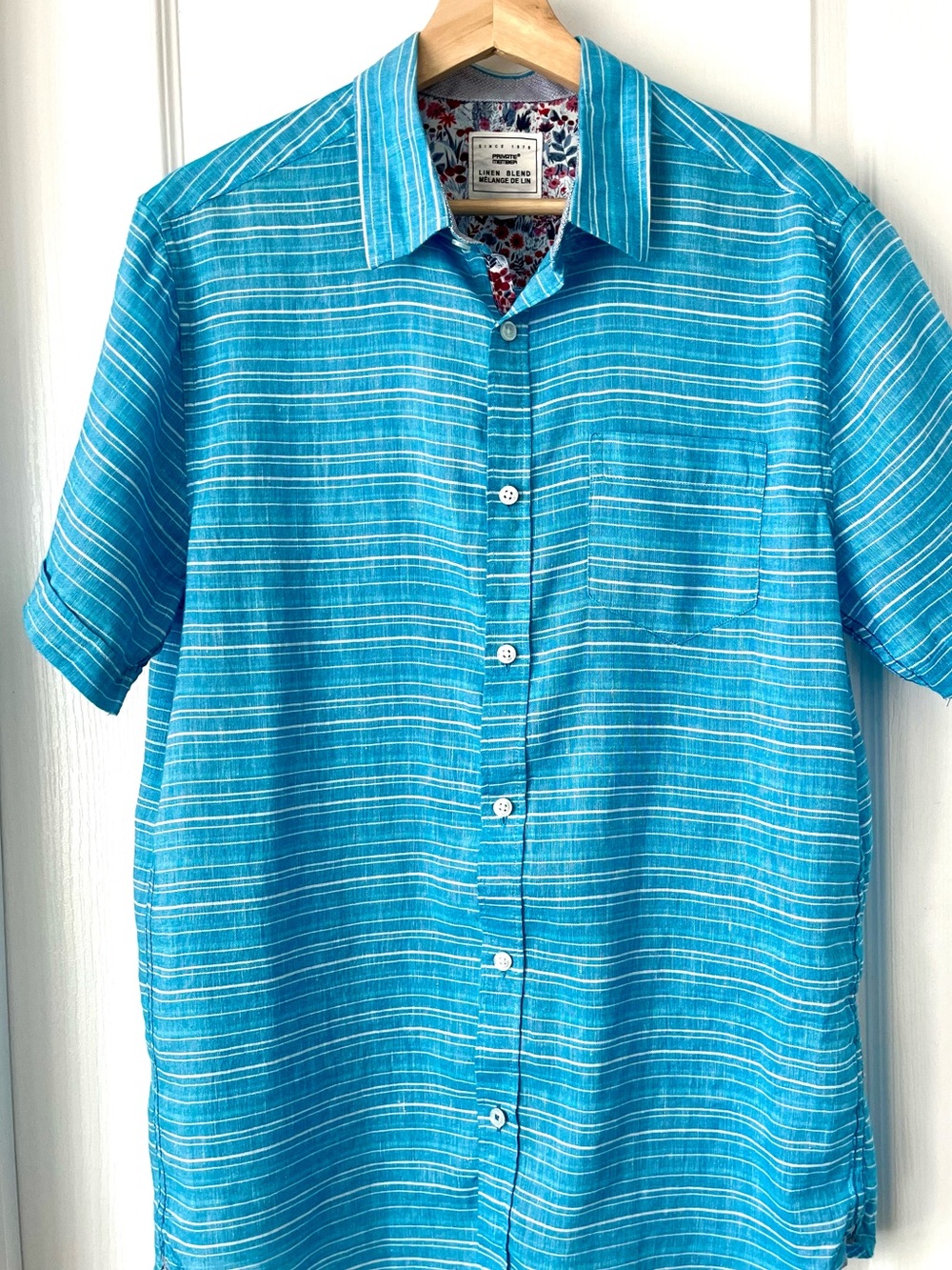 PRIVATE MEMBER Blue Dept Linen Blend Striped Shirt Floral Trim Medium